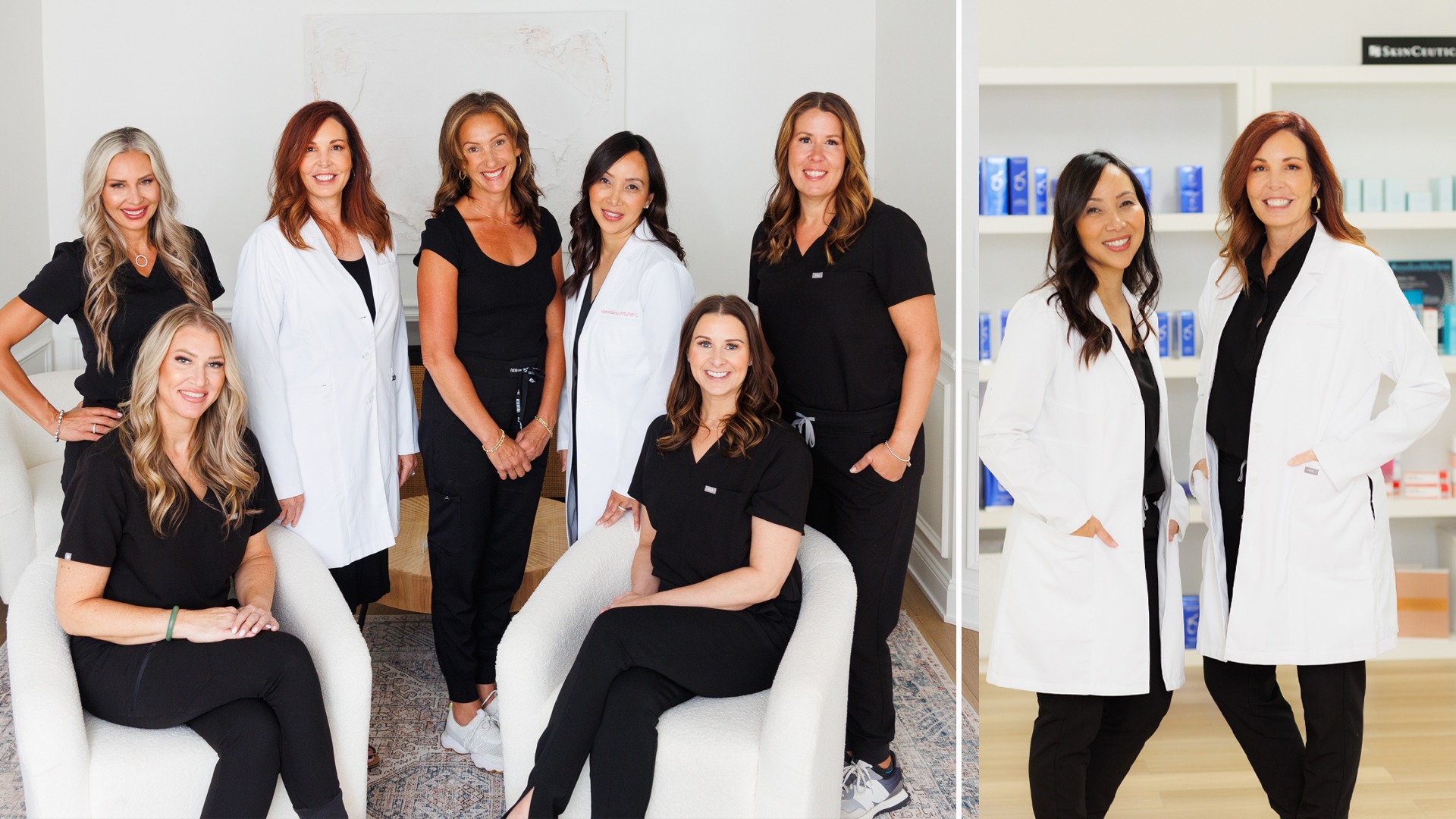 aesthetician office staff posed in black and white uniforms for brand photos